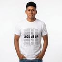 Lock Me Up Locktober 2026 shirt design with five stacked rows of LOCK ME UP outline type and a solid center line, from Lockedboy by LeatherDaddy.