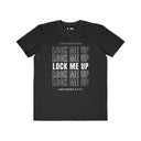 Lock Me Up Locktober 2026 chastity shirt shown in an alternate color, stacked LOCK ME UP type, from Lockedboy by LeatherDaddy.