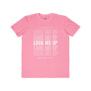 Lock Me Up Locktober 2026 chastity shirt shown in an alternate color, stacked LOCK ME UP type, from Lockedboy by LeatherDaddy.