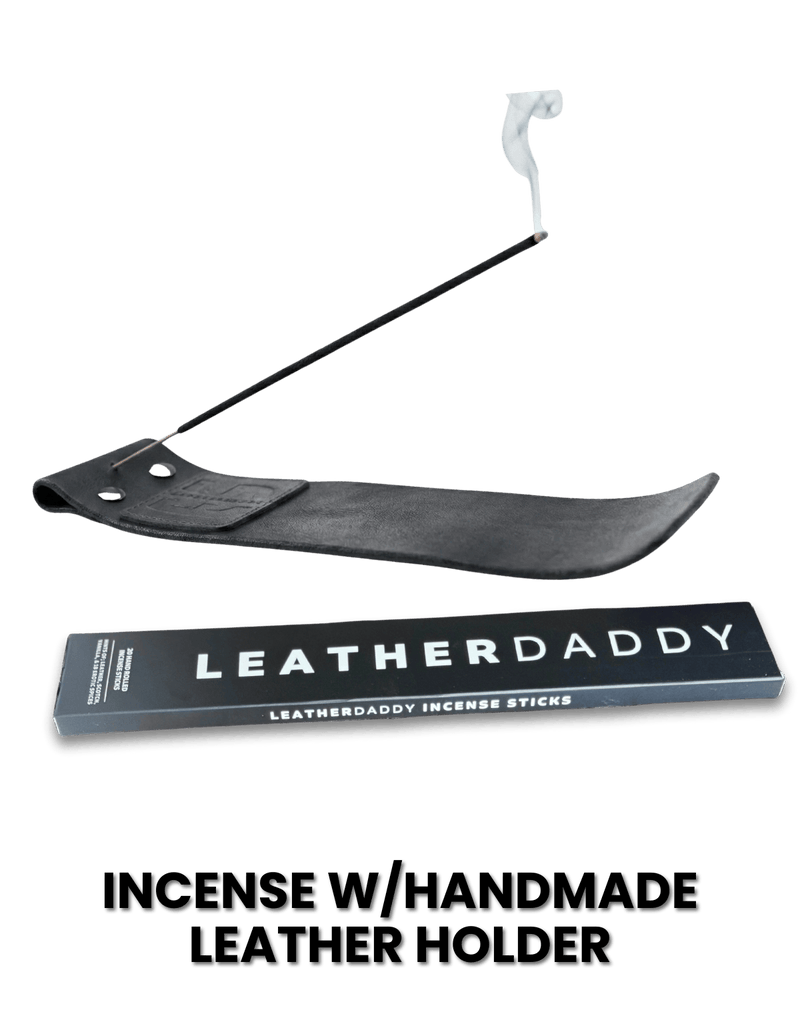 Incense with handmade leather holder and 'Leatherdaddy' branding on a white background