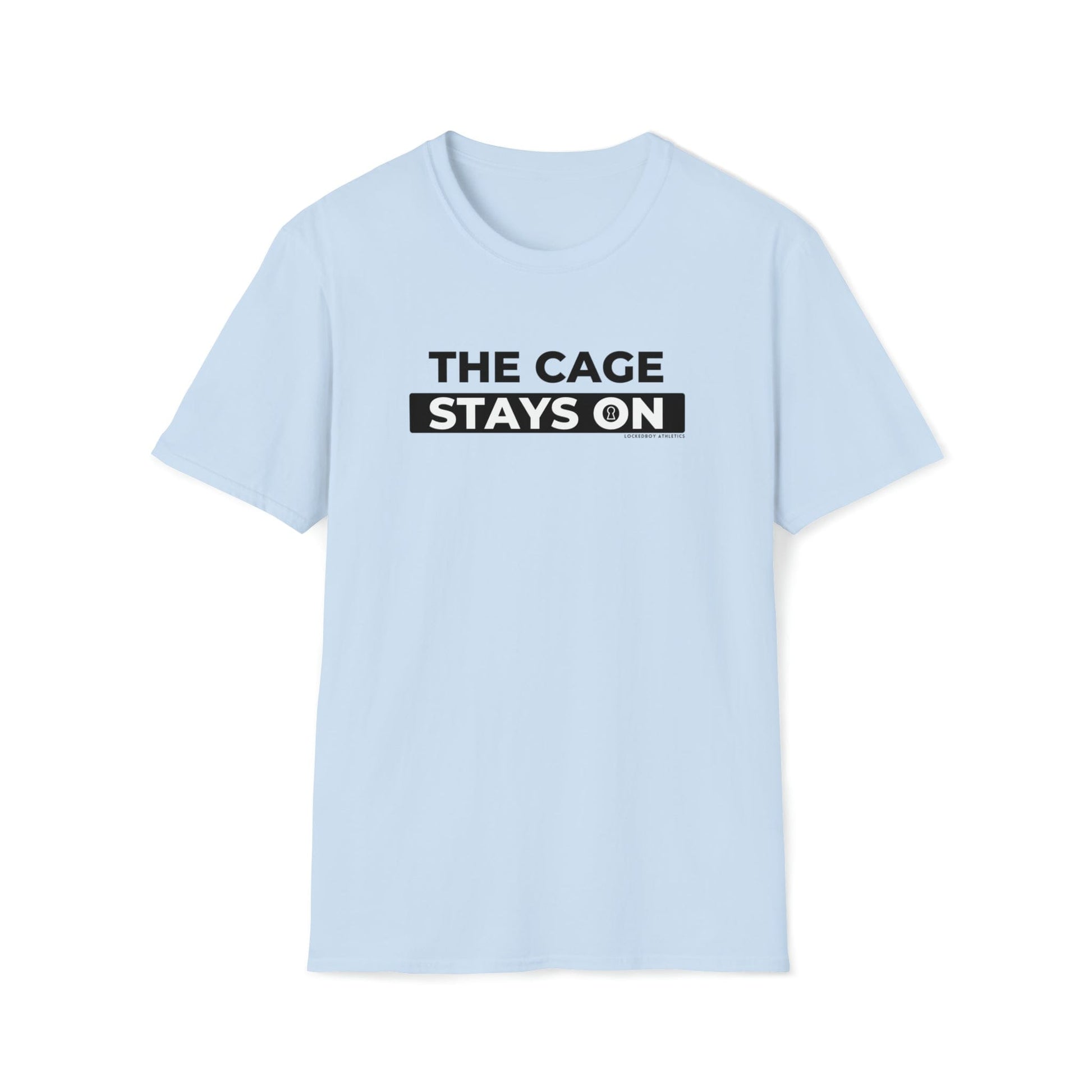 T-Shirt Light Blue / S Cage Stays On - Lockedboy Athletics Chastity Tshirt LEATHERDADDY BATOR